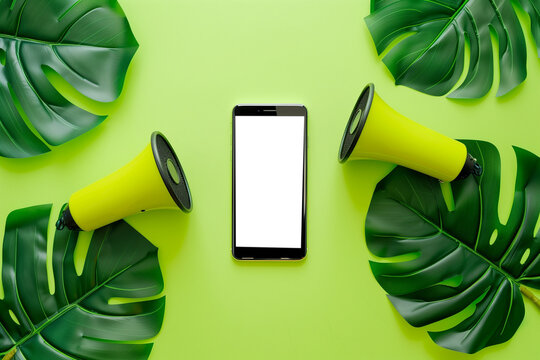 Top view of smartphone with blank screen and speaker on green background