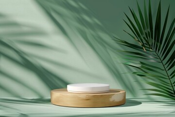 Wall Mural - Cosmetics product advertising stand. Exhibition wooden podium on green background with palm leaves and shadows. Empty pedestal to display product packaging. Mockup - Generative Ai