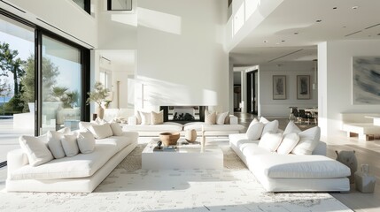 Modern home living room interior with white comfortable sofa, natural light from large glass window.