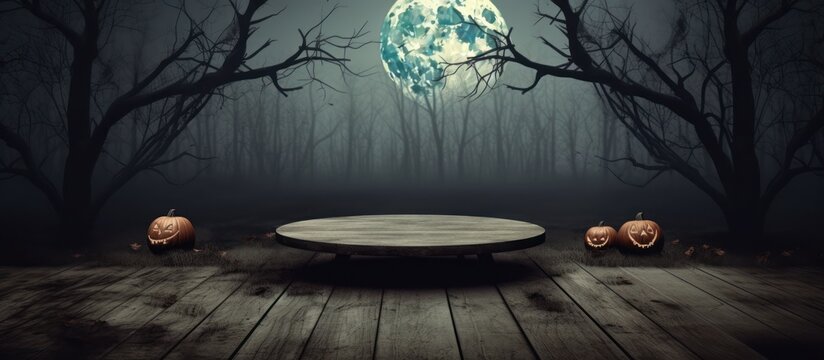 table and pumpkins during full moon halloween concept