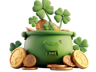 A green pot with gold coins for St. Patrick's Day isolated on a transparent background cut out. 