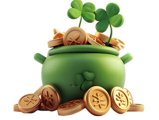 A green pot with gold coins for St. Patrick's Day isolated on a transparent background cut out. 