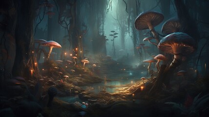 Wall Mural - Fantasy landscape with mushrooms in the forest. 3D illustration.