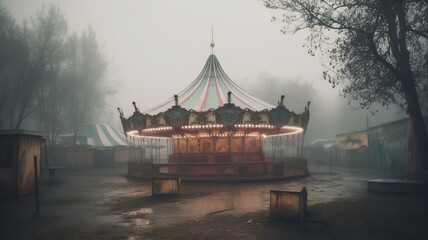 Wall Mural - Merry-go-round in the amusement park in the fog