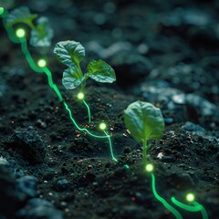 Young plants with glowing digital lines in soil, representing modern agriculture technology and innovation in nature.