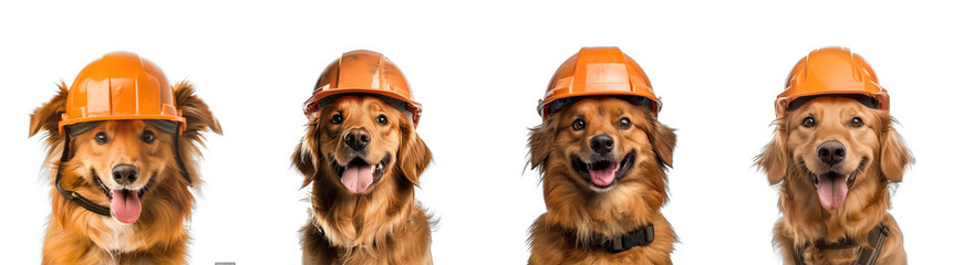 Wall Mural - Set of smiling dog wearing construction helmet, full body on transparency background PNG
