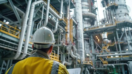 Wall Mural - close-up of industrial pipes of oil refinery, back of engineer, technician, reading drawing, drawing, industrial engineering, blueprint, industrial background.