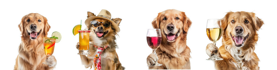 Wall Mural - Set of dog holding cocktail, full body standing on transparency background PNG
