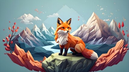 Wall Mural - a fox in front of a beautiful landscape, isometric style, geometrical design, Fox on top of the mountain