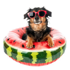 Wall Mural - dog wearing sunglasses sitting in an watermelon inflatable ring pool on transparency background PNG
