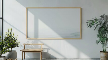 Wall Mural - A large white framed picture hangs on a wall in a room