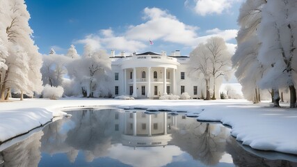 Poster - There's a body of water that reflects the snow-covered surroundings like a mirror. A white house with snow-covered trees surrounds it on the right.