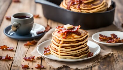 delicious stack of pancakes with maple syrup and bacon on top