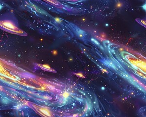 A vibrant galaxy with swirling neon colors, UFOs darting through sparkling stardust trails, a cosmic spectacle