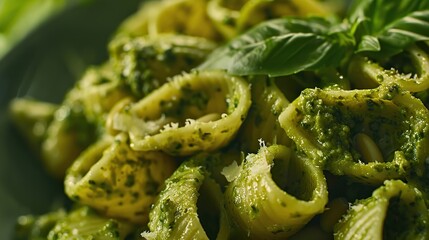 Wall Mural - Pesto Pasta - Pasta mixed with a pesto sauce made from basil, pine nuts, garlic and olive oil. Top with vegan Parmesan cheese.