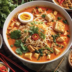 A bowl of Curry Noodles, a popular Malaysian Mee Kari dish, showcases a rich and aromatic curry sauce enveloping a mixture of noodles and hard-boiled eggs. Generative Ai. 