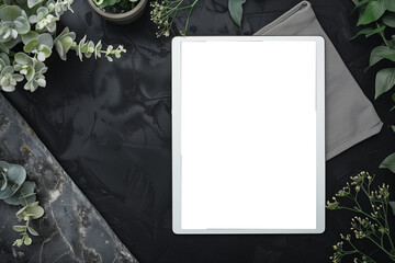 Wall Mural - Tablet mock-up white screen on black desk table