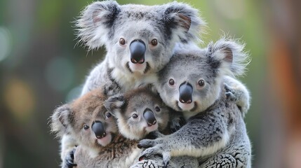 Wall Mural - Adorable baby koalas clinging to their mother's back, their fuzzy ears and round eyes melting hearts.
