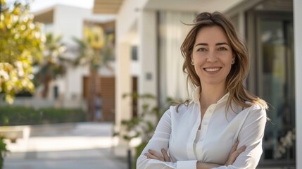 Sticker - A woman is standing in front of a building with a smile on her face