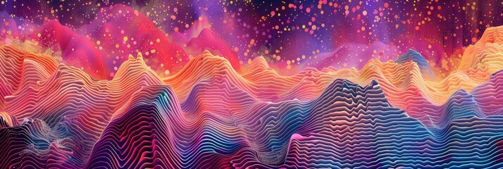 Wall Mural - abstract wave painting in pink, pink, purple and blue, in the style of kodak aerochrome, dark cyan and orange, trompe-l'Å“il illusionistic detail, pointillist optical illusions, experimental soundscap