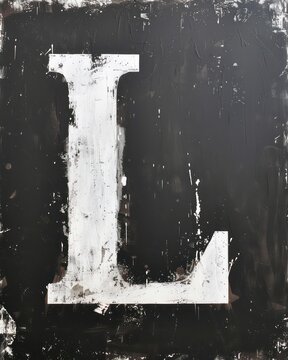 L capital letter, white paint distressed and grunge on a black background