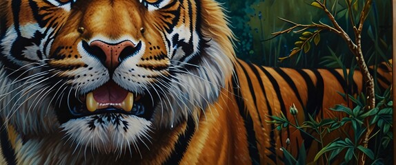 Wall Mural - A gleaming endangered species, its intricate patterns and vibrant colors tell a tale of natural beauty on the brink of extinction. This acrylic painting captures the magnificence of a majestic tiger, 