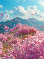 Wall Mural - A field of pink flowers with a blue sky in the background