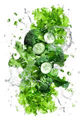 Floating green vegetables with water splash isolated on white background