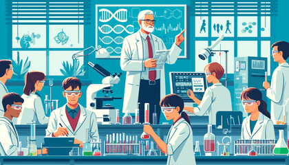 Wall Mural - Concept of an image of a university laboratory doing research on genes. Vector illustration.