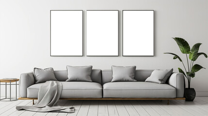 Living room interior design inspiration with empty poster frames on grey walls and a comfortable grey sofa