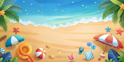 Wall Mural - background of typical summer beach objects with copy space on it, beach background