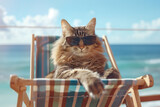 Fototapeta  - Cat wearing sunglasses on at ocean shore.