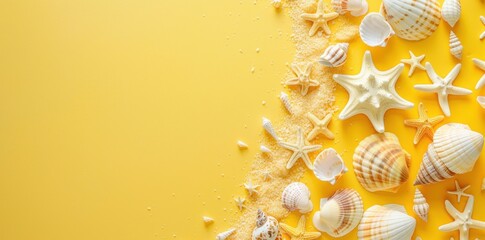 Poster - Beachside Discoveries: Embracing the Yellow Seashells on a Lively Canvas