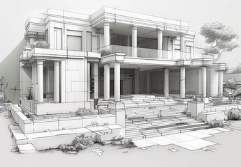 Aufkleber - Wireframe rendering of a contemporary house with technical details