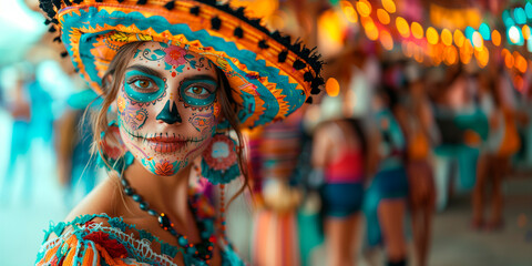 Portrait of a young beautiful caucasian woman with Catrina make-up wearing a mexican hat.