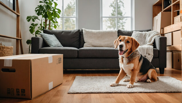  Pets dog moving to new home. Stack of cardboard boxes and dog sitting near cardboard box. Relocation, renovation, delivery service, donation concept