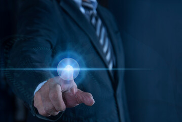 Businessman pressing button. Using command prompt for generates something, Innovation technology internet business concept.