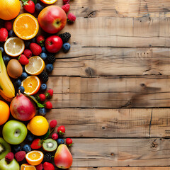 Sticker - Various fruits on wood table with flat lay angle view and copy space 