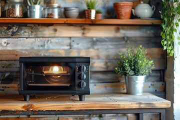 Portable toaster oven set on a charming wood table with subtle blur.