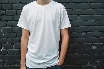White t-shirt mockup at black brick wallpaper background.
