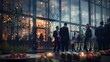 © nicole - Blurred shot of business people at party in office center, standing and talking, backs turned, with food and champagne glasses on the table, creating a professional and elegant atmosphere