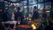 © nicole - Blurred shot of business people at party in office center, standing and talking, backs turned, with food and champagne glasses on the table, creating a professional and elegant atmosphere