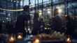 © nicole - Blurred shot of business people at party in office center, standing and talking, backs turned, with food and champagne glasses on the table, creating a professional and elegant atmosphere