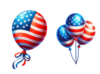 Wall Mural - Balloons with American flag design in 3D watercolor style, Design for Fourth of July, Clipart isolated on Transparent Background.
