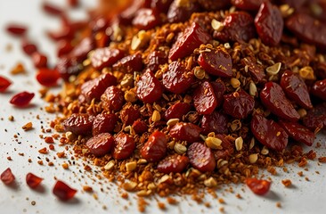 Wall Mural - Close up spicy chili red pepper flakes, chopped, milled dry paprika pile isolated on white