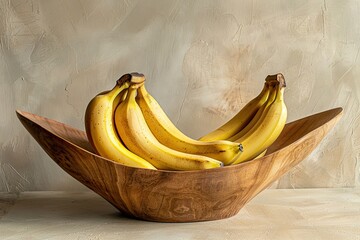 Wall Mural - Ripe bananas arranged in a wooden fruit bowl on a neutral backdrop.