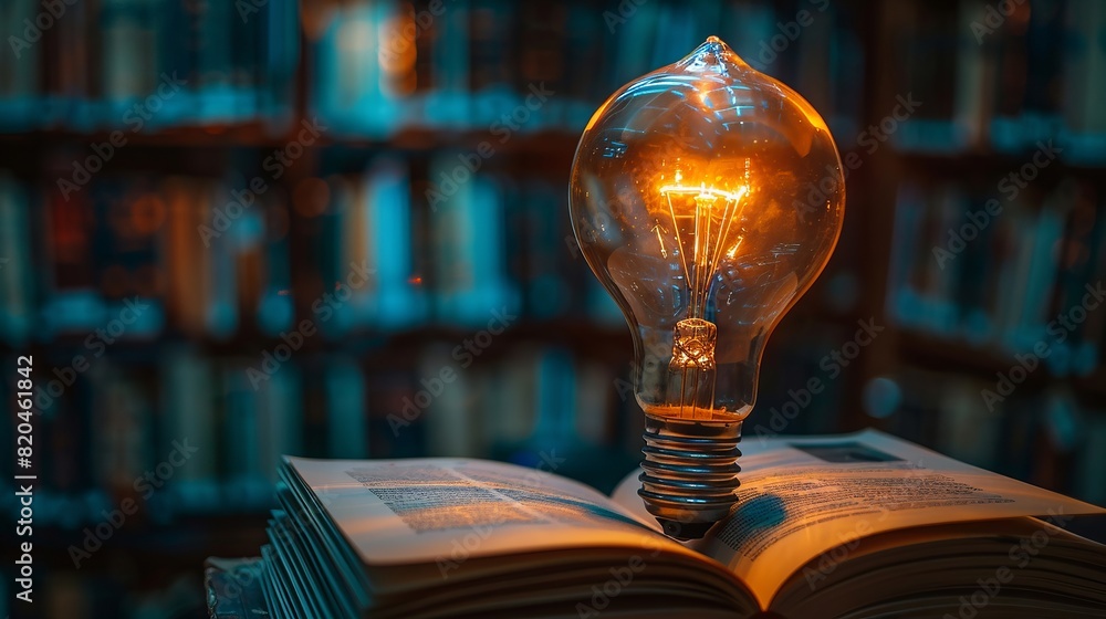 An illuminated light bulb on an open book with a blurred background ...