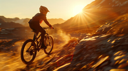 Wall Mural - A young guy in a protective helmet is riding along a rocky mountain dangerous trail at sunset. Extreme sports for children