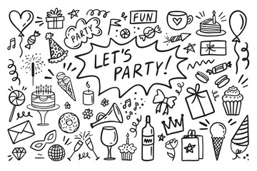 doodle party elements hand drawn set. sketch icons for invitation, flyer, poster