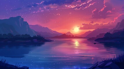 Wall Mural - Tranquil evening at the lake with a gorgeous sunset and a starry sky.